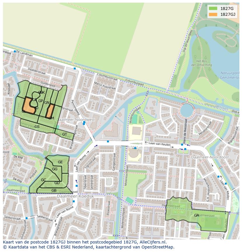Afbeelding van het postcodegebied 1827 GJ op de kaart.