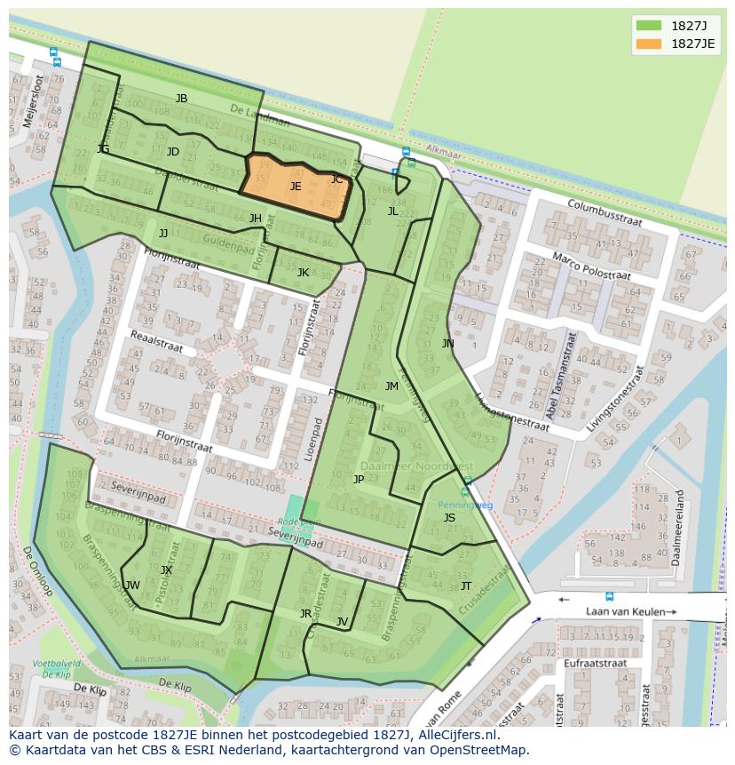 Afbeelding van het postcodegebied 1827 JE op de kaart.