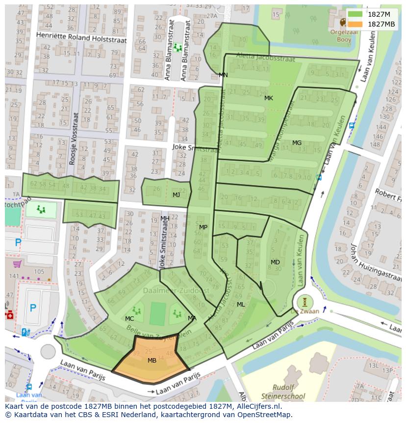 Afbeelding van het postcodegebied 1827 MB op de kaart.