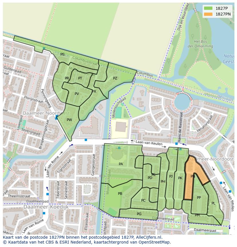 Afbeelding van het postcodegebied 1827 PN op de kaart.