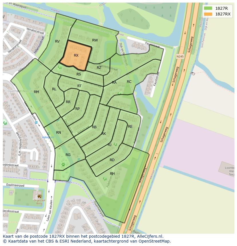 Afbeelding van het postcodegebied 1827 RX op de kaart.
