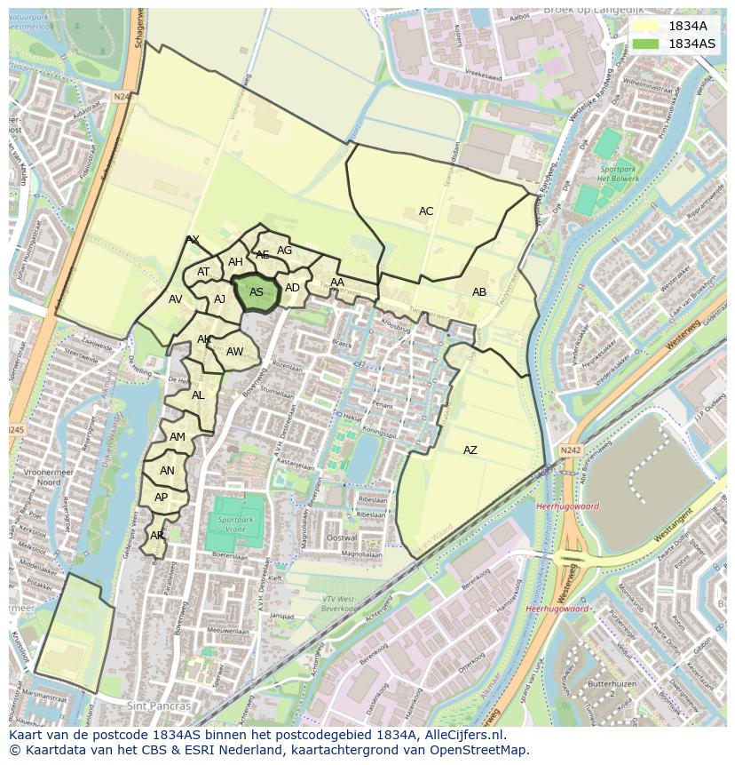 Afbeelding van het postcodegebied 1834 AS op de kaart.