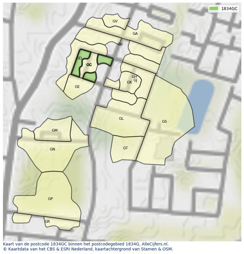 Afbeelding van het postcodegebied 1834 GC op de kaart.