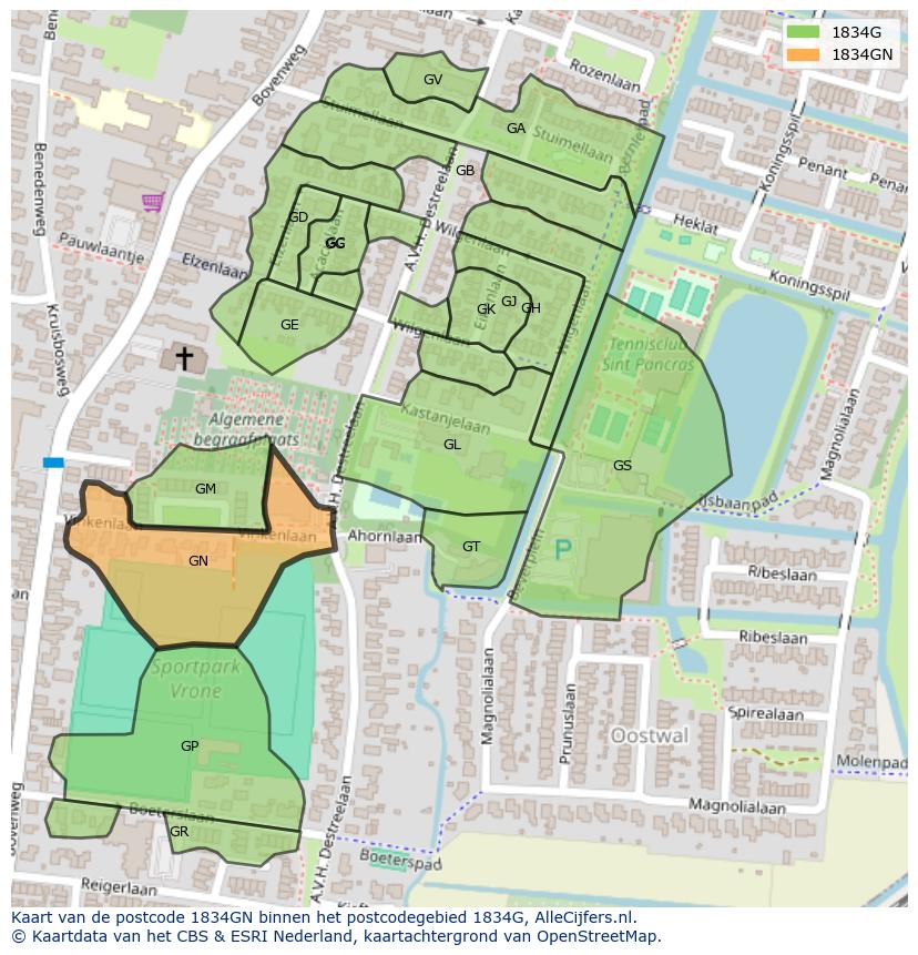 Afbeelding van het postcodegebied 1834 GN op de kaart.