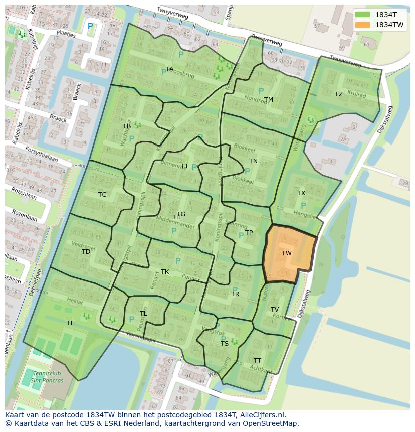 Afbeelding van het postcodegebied 1834 TW op de kaart.
