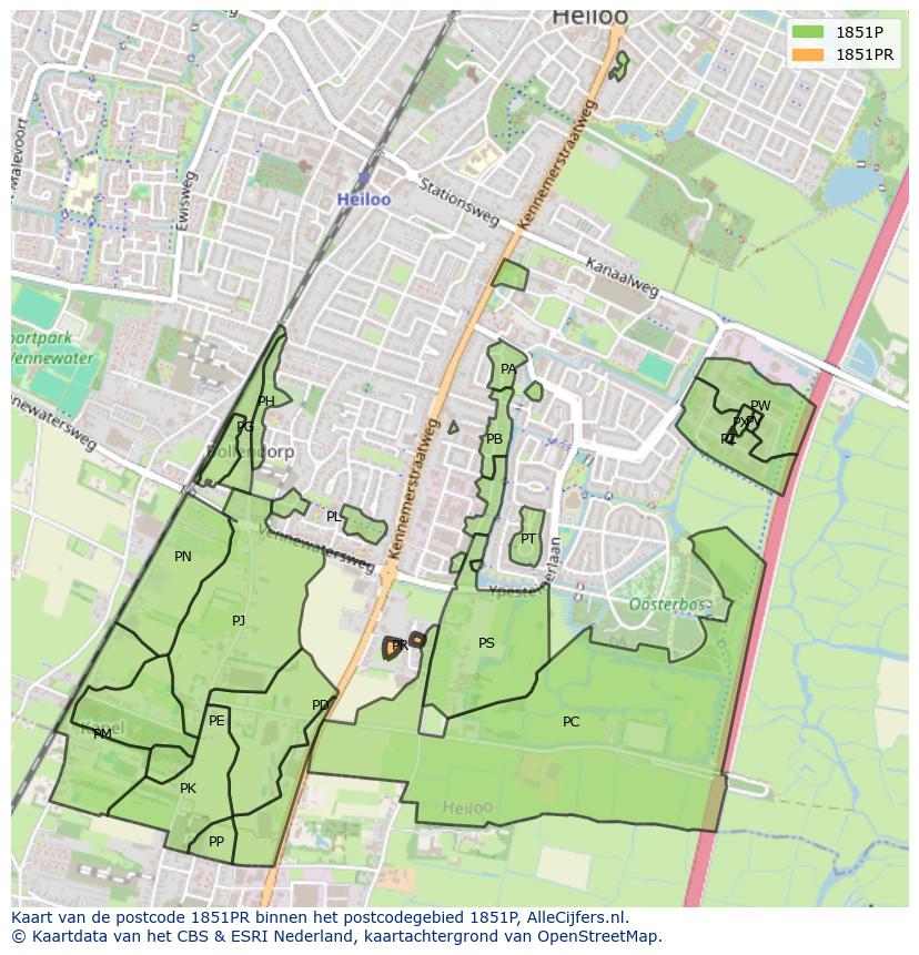 Afbeelding van het postcodegebied 1851 PR op de kaart.