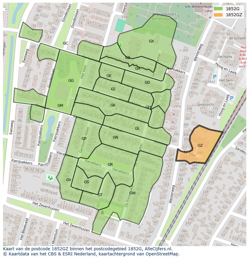 Afbeelding van het postcodegebied 1852 GZ op de kaart.