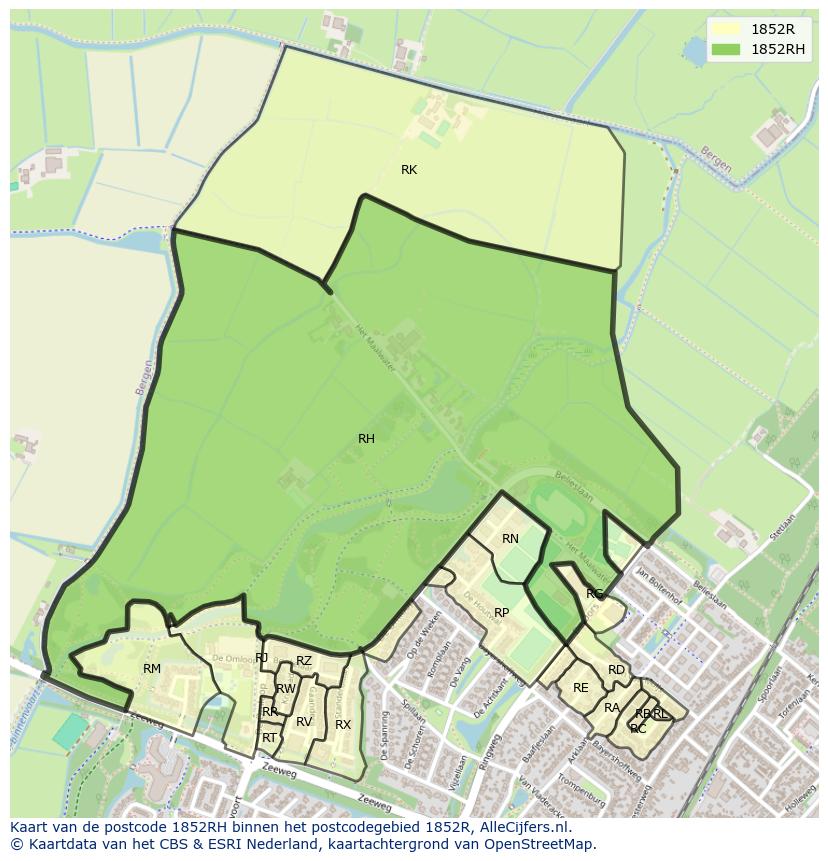 Afbeelding van het postcodegebied 1852 RH op de kaart.