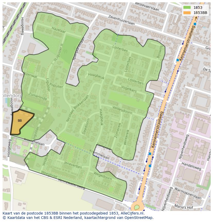 Afbeelding van het postcodegebied 1853 BB op de kaart.