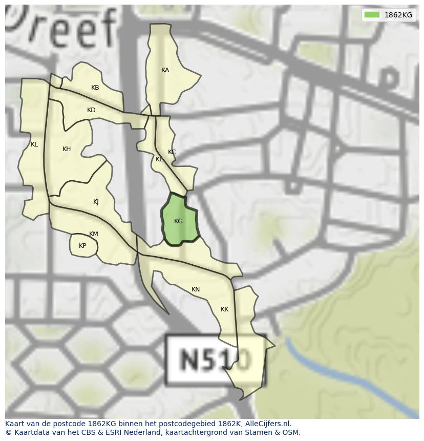 Afbeelding van het postcodegebied 1862 KG op de kaart.
