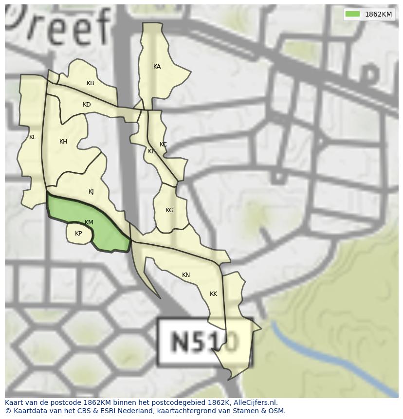 Afbeelding van het postcodegebied 1862 KM op de kaart.