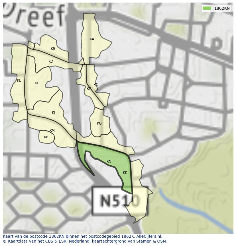 Afbeelding van het postcodegebied 1862 KN op de kaart.