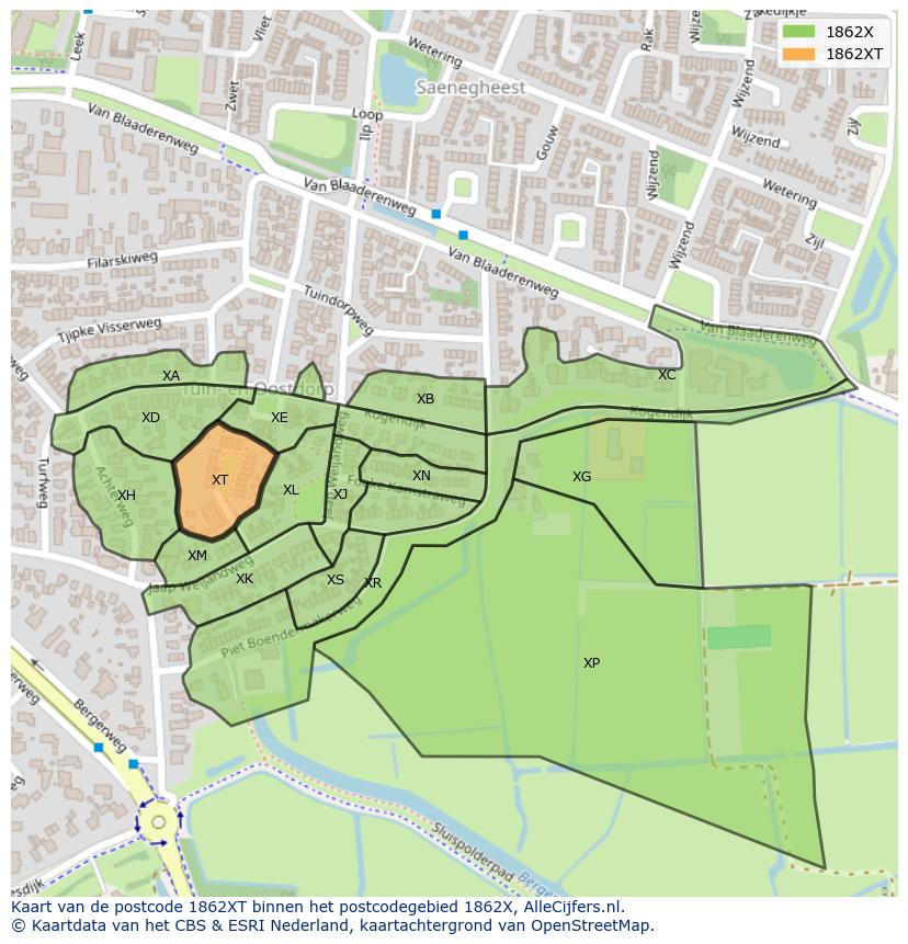 Afbeelding van het postcodegebied 1862 XT op de kaart.