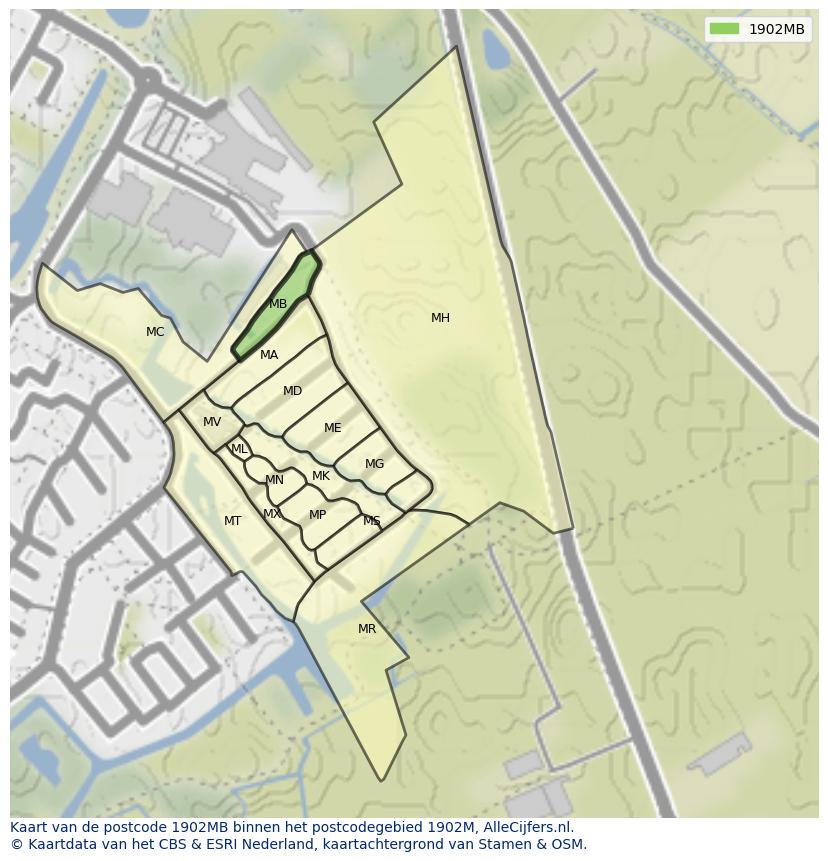 Afbeelding van het postcodegebied 1902 MB op de kaart.