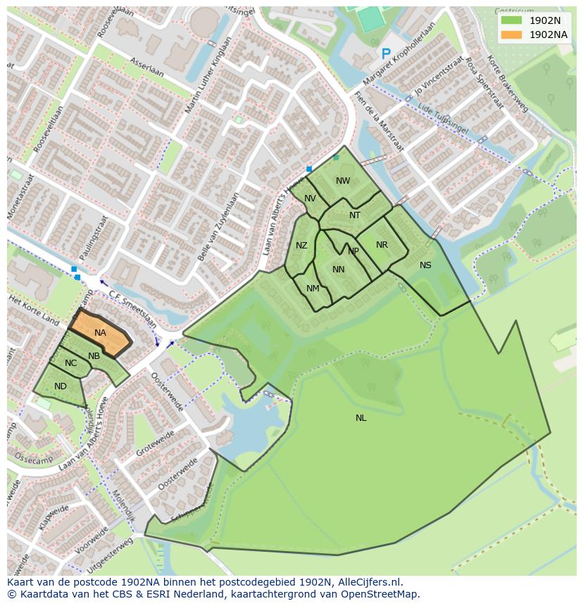 Afbeelding van het postcodegebied 1902 NA op de kaart.