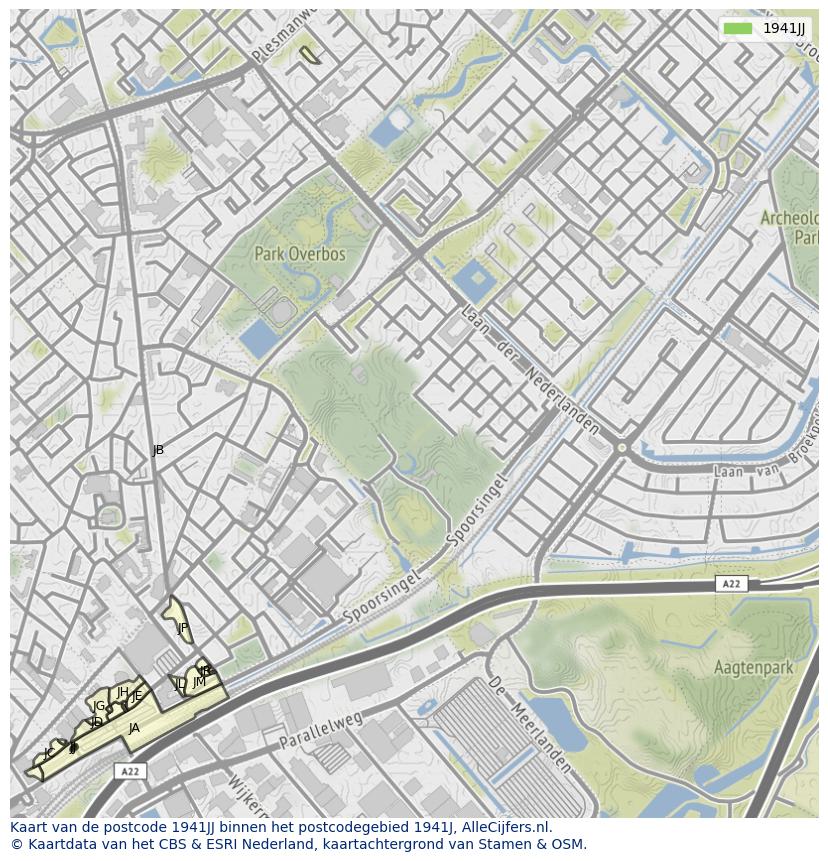 Afbeelding van het postcodegebied 1941 JJ op de kaart.