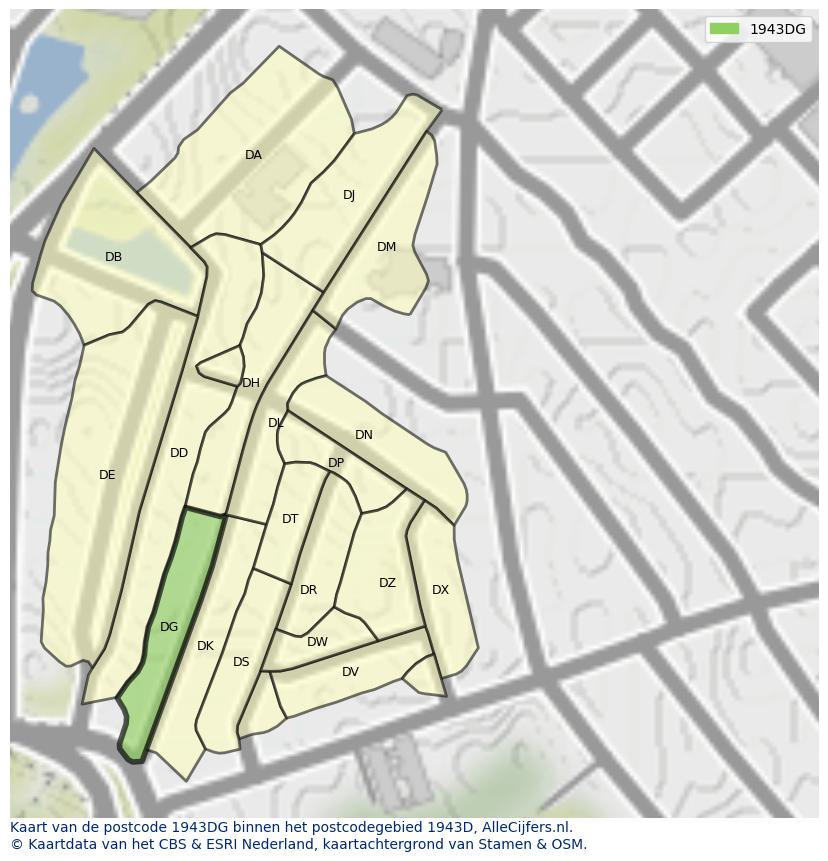 Afbeelding van het postcodegebied 1943 DG op de kaart.