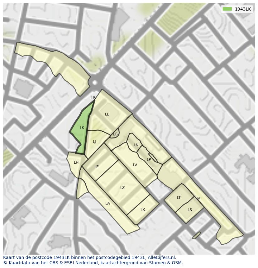 Afbeelding van het postcodegebied 1943 LK op de kaart.