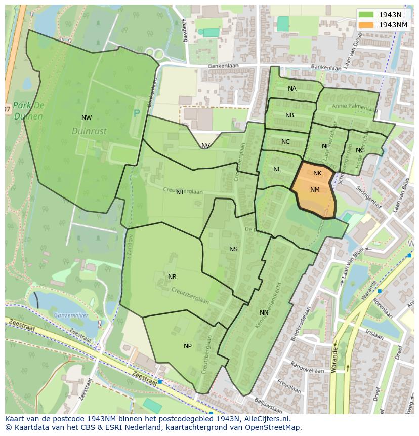 Afbeelding van het postcodegebied 1943 NM op de kaart.