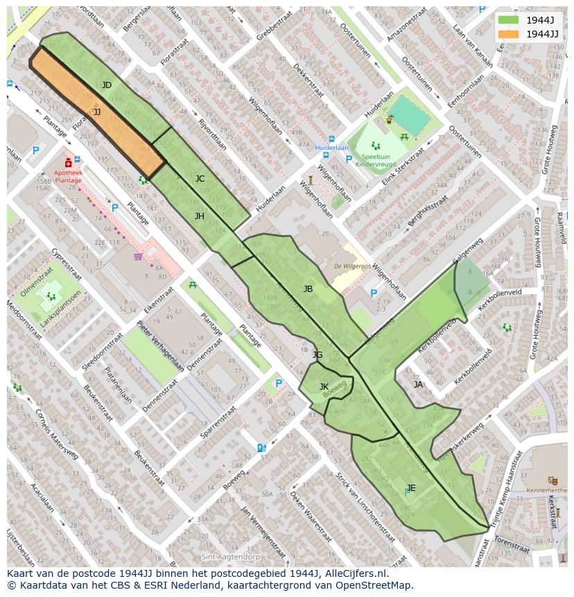 Afbeelding van het postcodegebied 1944 JJ op de kaart.