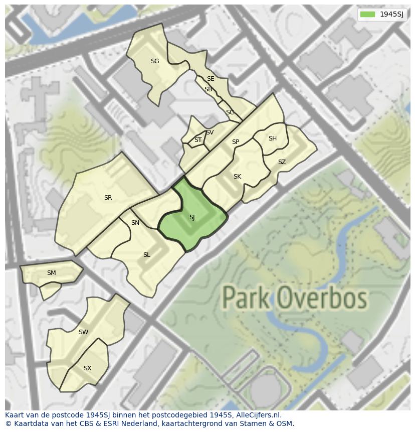 Afbeelding van het postcodegebied 1945 SJ op de kaart.