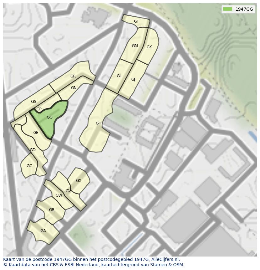 Afbeelding van het postcodegebied 1947 GG op de kaart.