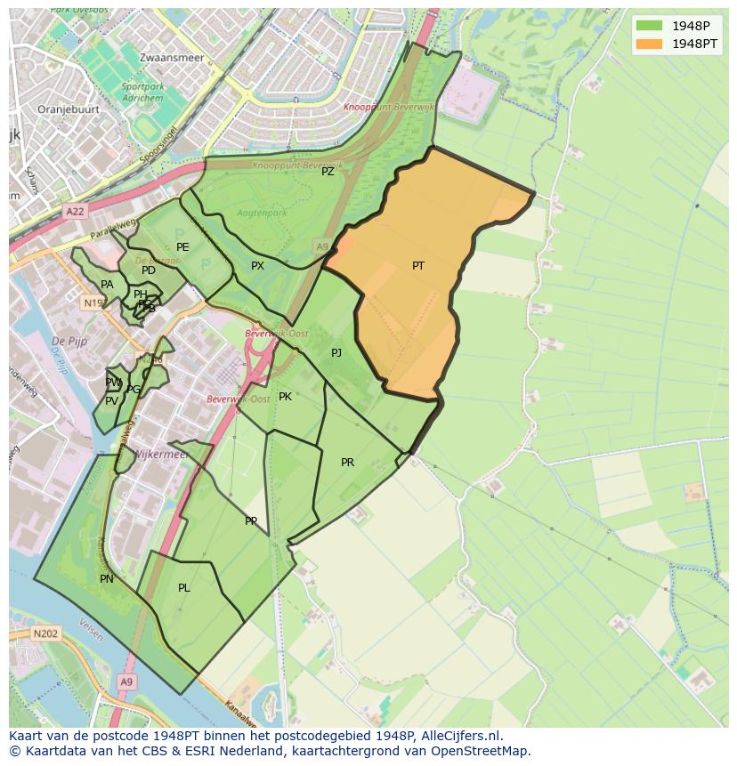 Afbeelding van het postcodegebied 1948 PT op de kaart.