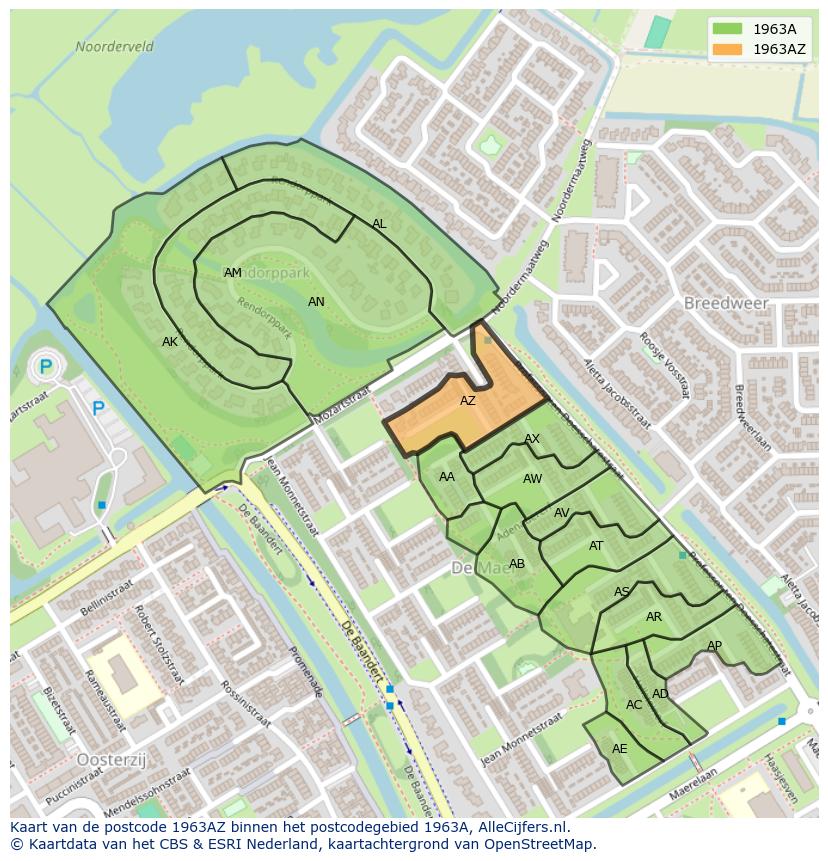 Afbeelding van het postcodegebied 1963 AZ op de kaart.