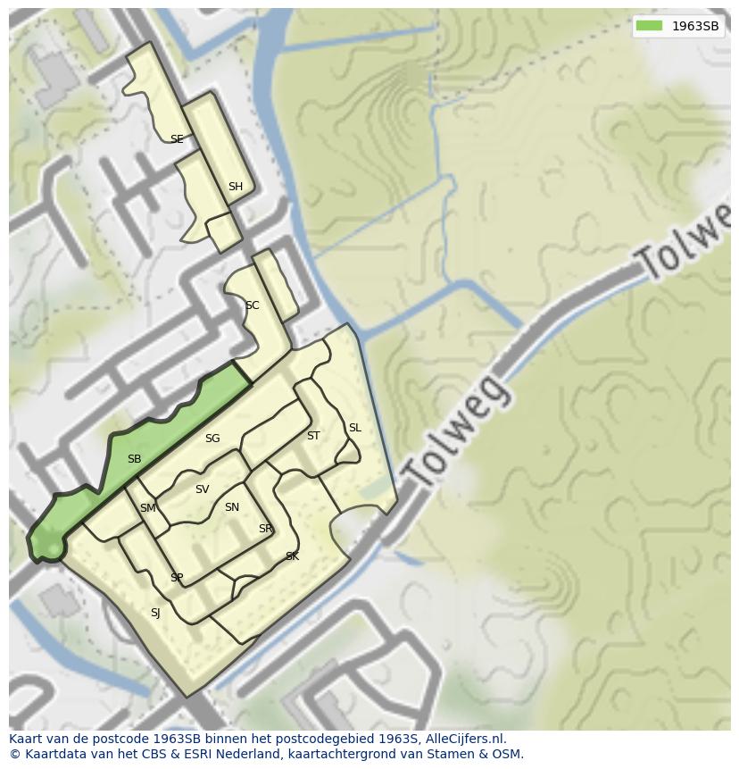 Afbeelding van het postcodegebied 1963 SB op de kaart.