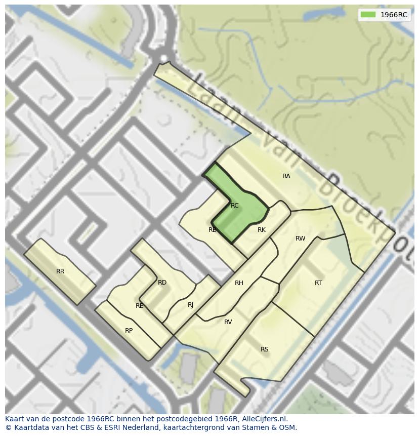 Afbeelding van het postcodegebied 1966 RC op de kaart.
