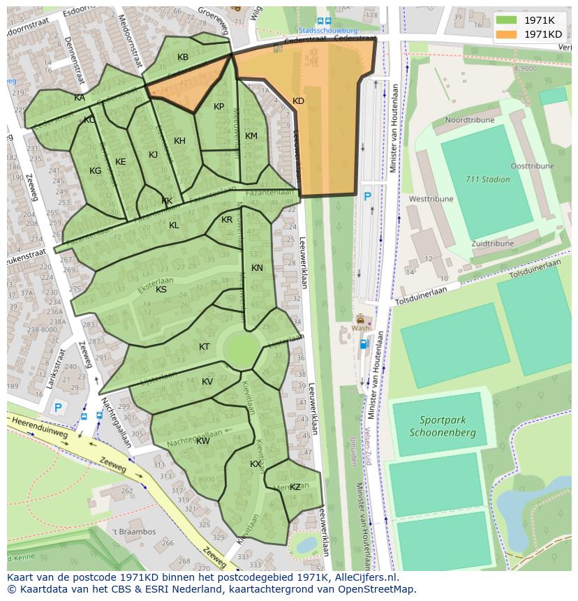 Afbeelding van het postcodegebied 1971 KD op de kaart.