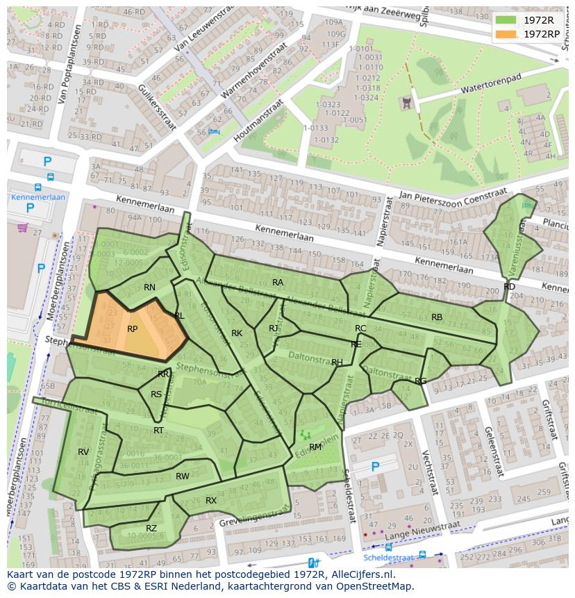 Afbeelding van het postcodegebied 1972 RP op de kaart.
