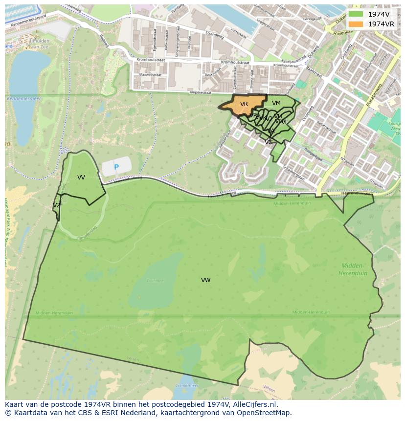 Afbeelding van het postcodegebied 1974 VR op de kaart.