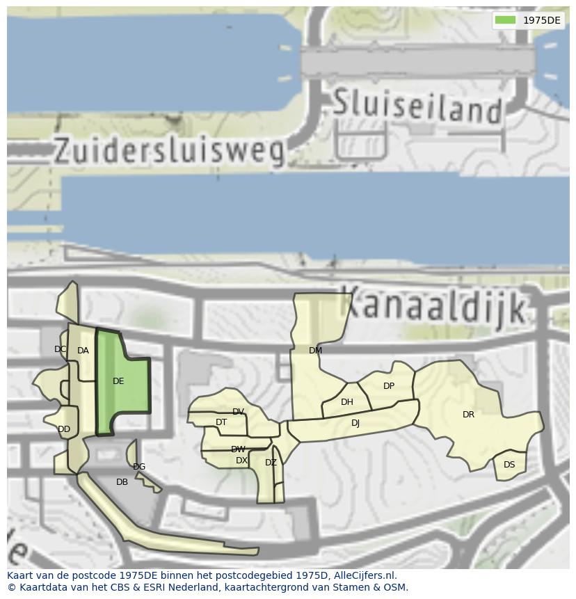 Afbeelding van het postcodegebied 1975 DE op de kaart.