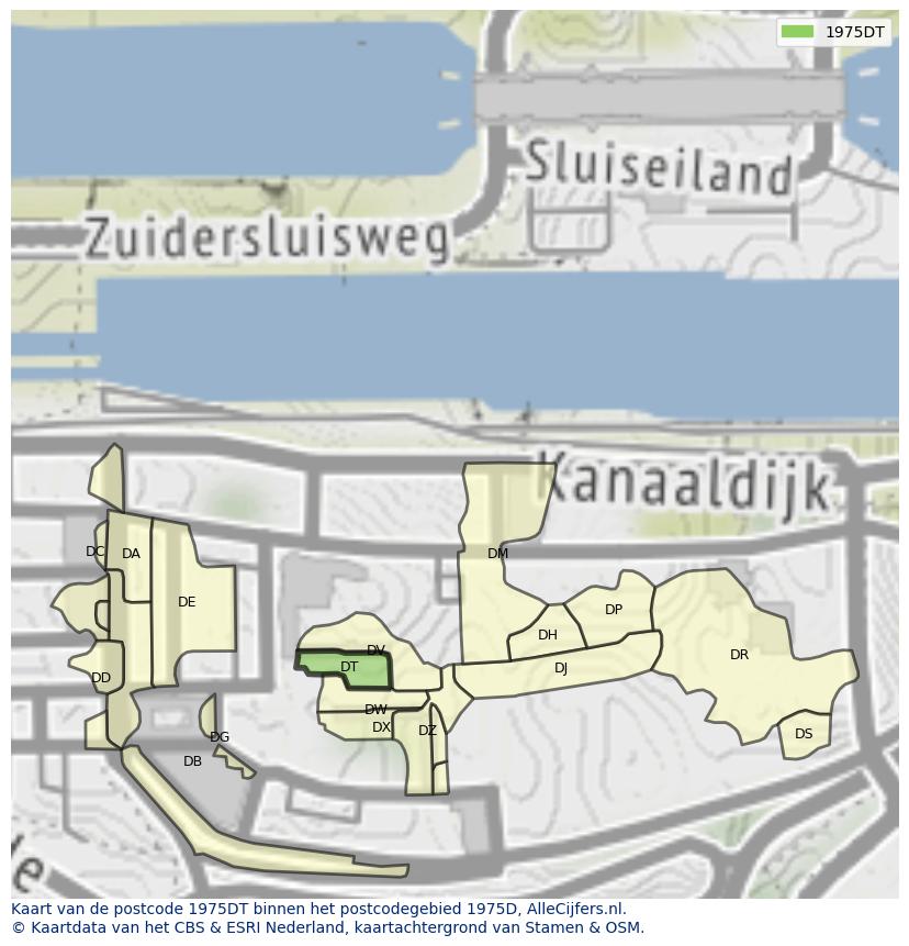 Afbeelding van het postcodegebied 1975 DT op de kaart.