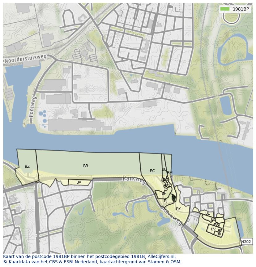 Afbeelding van het postcodegebied 1981 BP op de kaart.