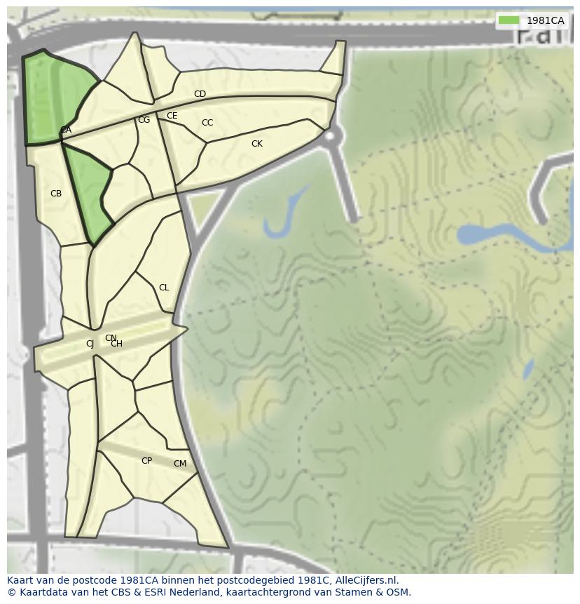 Afbeelding van het postcodegebied 1981 CA op de kaart.
