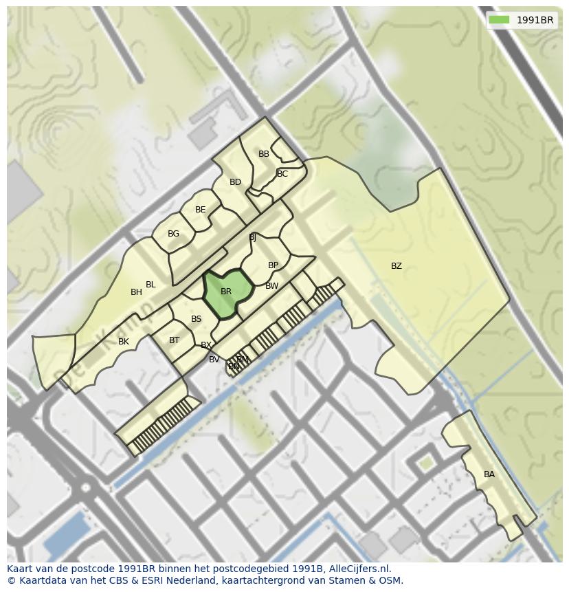 Afbeelding van het postcodegebied 1991 BR op de kaart.