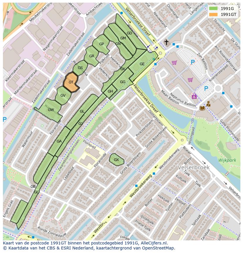 Afbeelding van het postcodegebied 1991 GT op de kaart.