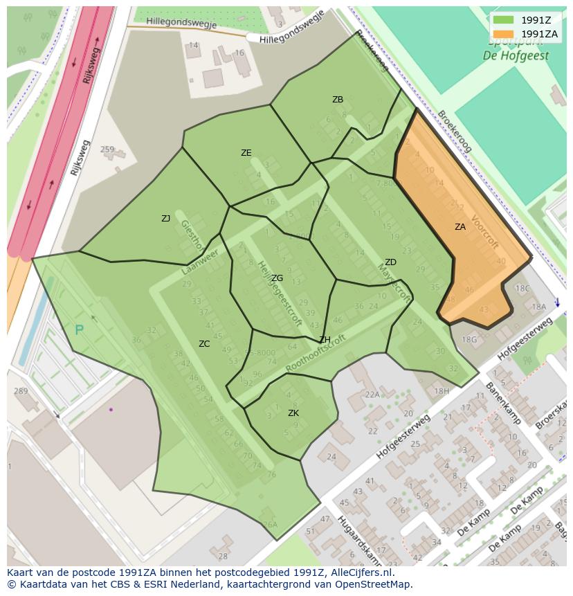 Afbeelding van het postcodegebied 1991 ZA op de kaart.