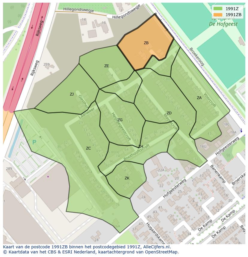 Afbeelding van het postcodegebied 1991 ZB op de kaart.