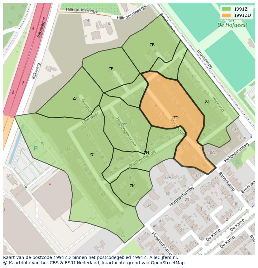 Afbeelding van het postcodegebied 1991 ZD op de kaart.