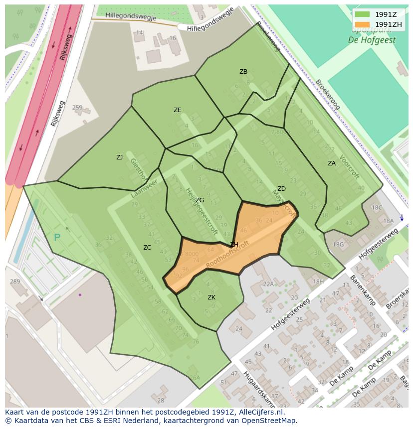 Afbeelding van het postcodegebied 1991 ZH op de kaart.