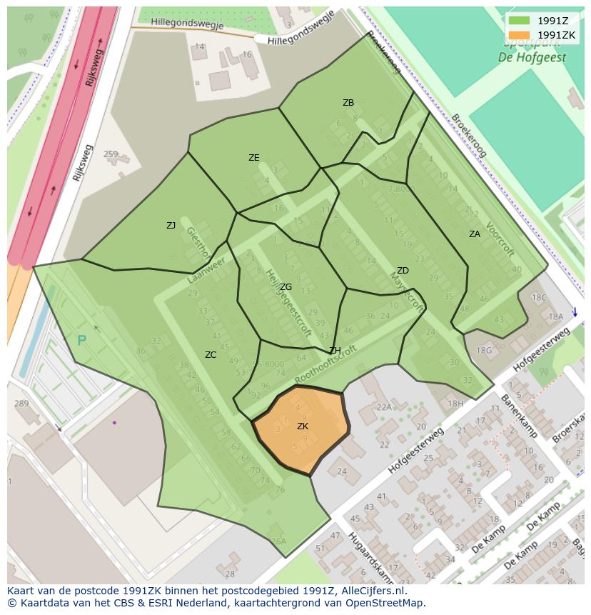 Afbeelding van het postcodegebied 1991 ZK op de kaart.