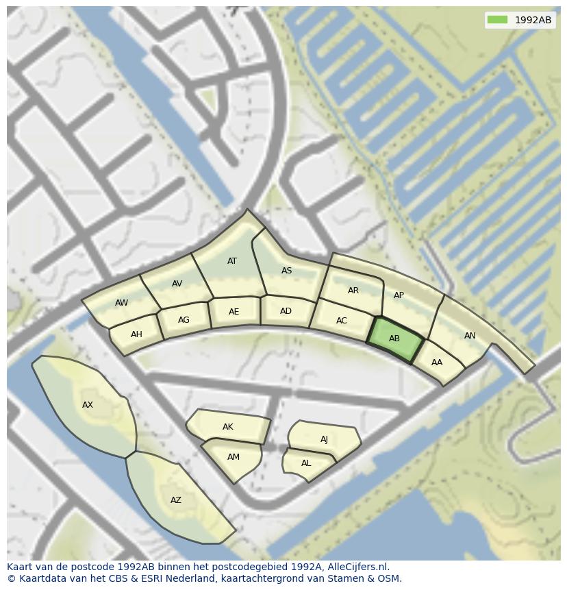 Afbeelding van het postcodegebied 1992 AB op de kaart.
