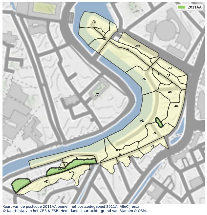 Afbeelding van het postcodegebied 2011 AA op de kaart.