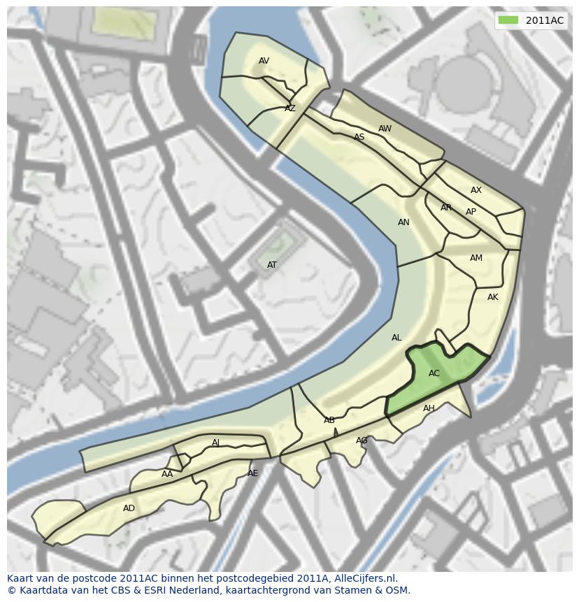 Afbeelding van het postcodegebied 2011 AC op de kaart.