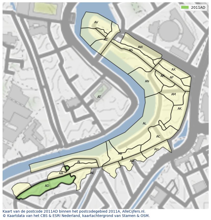 Afbeelding van het postcodegebied 2011 AD op de kaart.