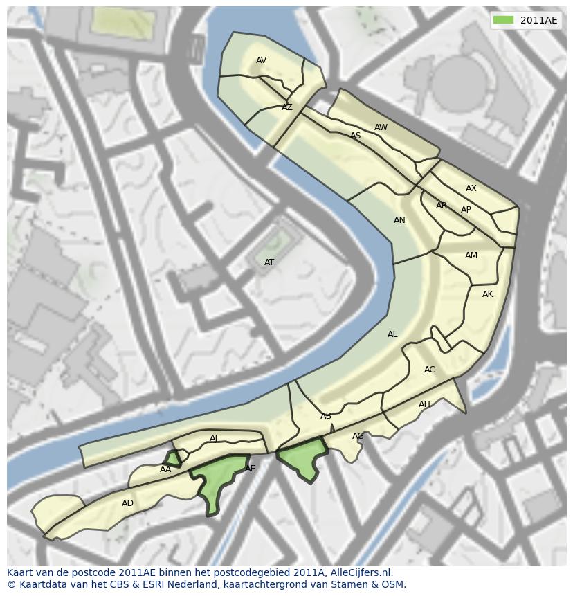 Afbeelding van het postcodegebied 2011 AE op de kaart.
