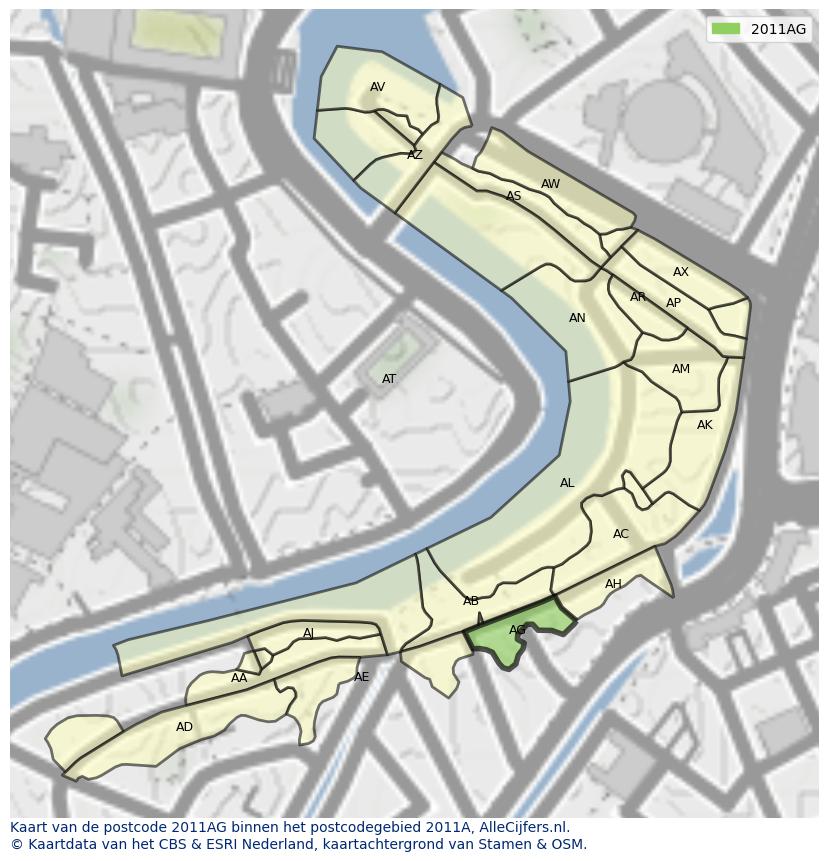 Afbeelding van het postcodegebied 2011 AG op de kaart.